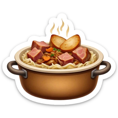 Cinematic Realistic Bigos Dish Emoji, showcasing a hearty stew of sauerkraut and meats rendered with rich textures and dynamic, rustic lighting. sticker