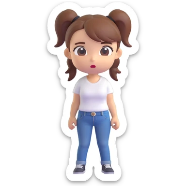 3D chibi-style woman with ponytail, white t-shirt, jeans, confused face sticker