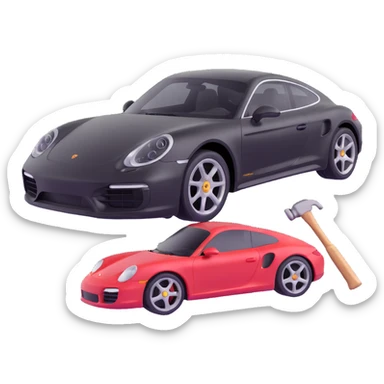 Porsche luxury car with dent repair tools like a lever and small hammer, elegant and modern sticker