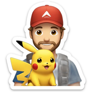 white man with brown hair and beard and a red cap, holding and a pikachu pokemon sticker