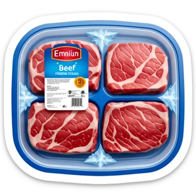 A vacuum-sealed plastic tray of frozen beef steaks, with visible frost and ice crystals on the meat surface. The label shows brand name, weight, and “Premium Beef Steaks.” The packaging has a transparent window revealing the red meat.  photorealistic food packaging. sticker