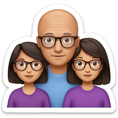 Papà calvo con occhiali, mamma capelli neri occhi marroni no occhiali, figlia capelli marroni mossi e occhiali tartarugati con montatura spessa occhi marroni, figlia capelli lisci marroni occhiali neri con montatura grande e fina occhi marroni  sticker