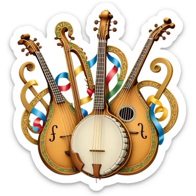 Create an intricate, festive, and emblematic emoji symbolizing plucked string instruments. The design should resemble a regal crest, featuring instruments like a banjo, mandolin, domra, sitar, and other plucked strings, arranged symmetrically in an ornate composition. Their necks and strings should elegantly intertwine with a flowing ribbon of musical notes, wrapping gracefully around the instruments. The overall shape should be grand and balanced, evoking a sense of tradition and celebration. Use a rich and refined color palette with gold, deep mahogany, and vibrant accents, adding intricate wood textures, decorative inlays, and metallic tuning pegs for a professional, polished look. The background should be transparent, making the emblem stand out as an independent artistic mark sticker