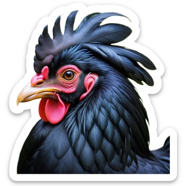 Meme-Worthy Cute Sleeping Black Rooster Portrait Emoji, Head resting peacefully with a contented smile, showcasing a robust build and a luxuriously soft pure black plumage, eyes shut in a serene, restful nap, Simplified yet hilariously adorable features, highly detailed, glowing with a soft, drowsy light, high shine, relaxed and utterly lovable, stylized with an air of playful laziness, bright and heartwarming, soft glowing outline, capturing the essence of a comically sleepy rooster, so meme-worthy it feels like it could instantly become the next viral sensation of adorable slumber! sticker