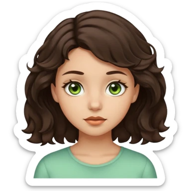 A girl with light skin, short dark brown wavy hair and brown with a little green eyes sticker