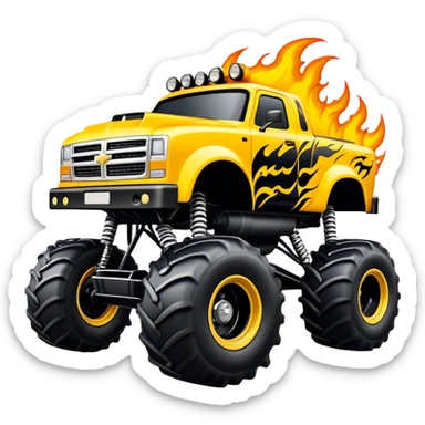 Maximum Destruction - Monster Jam (Model Year: 2021) (Iconic colour: Yellow with black flames) - A ferocious monster truck featuring a vivid yellow base accented by dramatic black flame patterns. Emphasize sharp, high-contrast flame streaks across the body, creating a look of aggressive, explosive energy. sticker