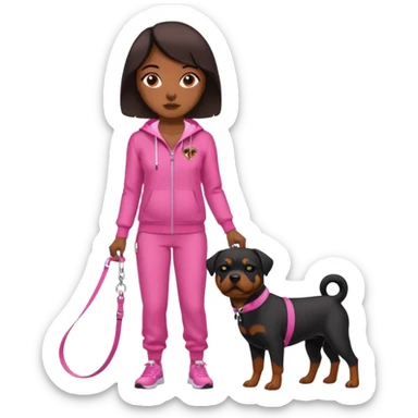 Rottweiler on leash held by African American woman in all pink track suit sticker