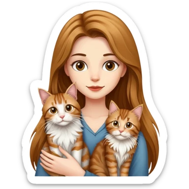 A beautiful tall girl with fair skin and long hair holding a tabby cat and a Maine Coon cat sticker