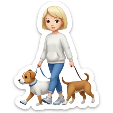 Short-haired girl in white sweatshirt walking the dog sticker