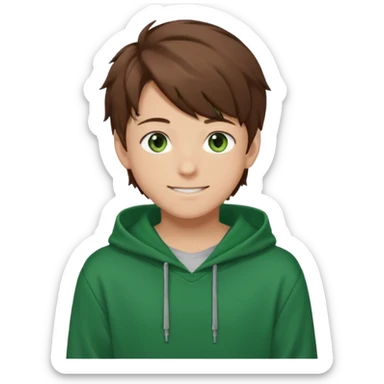 the face of an Anime teen boy with brown hair, green eyes, looking smiling slightly sideways positioned. Face must be main filling of the emoji. A little piece of hoodie can be visible. 128px sticker