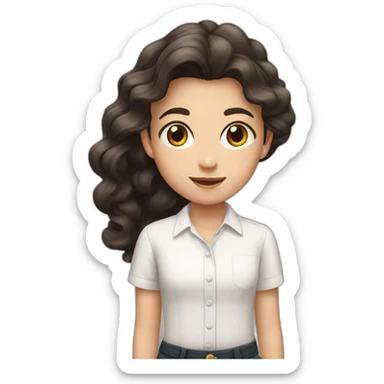 9 year old white girl with realy long dark brown waivy hair wearing a white shirt with black letters sticker