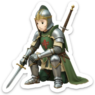 A lone medieval knight in a green worn armor kneels. His helmet is closed, hiding his face, conveying silence, exhaustion and contemplation. A long sword is planted in the ground beside him, its hilt resting near his gloved hands as if he is praying or resting after battle. sticker