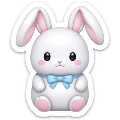 A fat bunny in authentic Sanrio style exactly like Hello Kitty and My Melody, super simplified features, extremely kawaii, tiny body with oversized head, minimal dot eyes, no nose, tiny simple mouth, pastel pink and baby blue colors, clean bold black outlines sticker