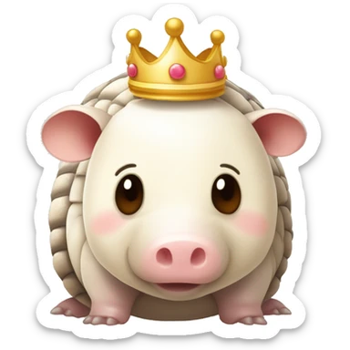 Beige and white piebald chubby round armadillo pig panda centipede armadillo wearing a crown sticker