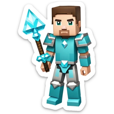 Minecraft character with diamond armor full body, blocky pixelated style sticker