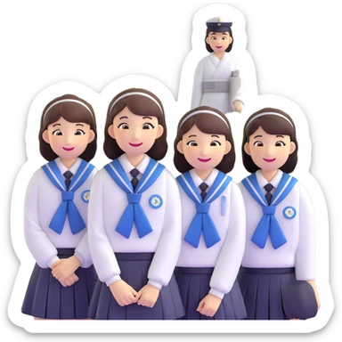 Japanese female high school student in group photo with classmates at Hiroshima Peace Memorial sticker