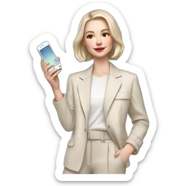 pale skin woman with ash blonde Straightened bob Hair, White Spacious classical jacket, beige palazzo Arrow pants and gray blouse holding white IPhone 15 pro in the hands sticker