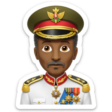 Create an emoji of an Older Haile Selassie African king wearing his ceremonial military uniform adorned with numerous medals, orders, and a sash. sticker