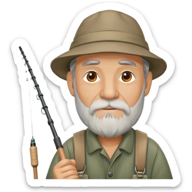 old fisherman with gray beard, fishing rod and hat sticker
