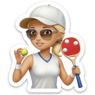 Girl with blond hair in a ponytail wearing a white baseball cap and sunglasses playing pickleball sticker