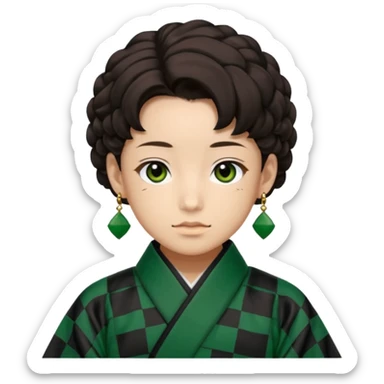Tanjiro Kamado from Demon Slayer with black and green checkered haori and hanafuda earrings sticker