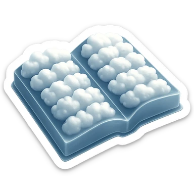top view of a thick open book made entirely of small, very bright white fluffy convex clouds, matte glass style, no background sticker