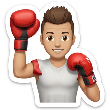 Rapaz de 39 anos ,cabelo castanho médio ,olhos castanho claro , cabelo corte moecano disfarçado , com uma luva de box na mão sticker