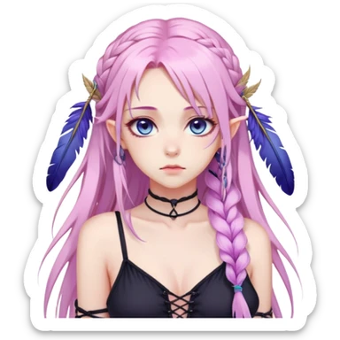 Gorgeous beautiful pretty grumpy anime lady long-pale-pastel-pink-hair with one braid on each side, hanging purple feather-ear-cuffs with pink tips in hair, black bodysuit, blue eyes, pink iris, ethereal, fashion aesthetic  sticker