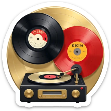 Icon for Vinyl Record Collecting: large black, golden and red vinyl records in decorative packaging featuring artist images, neatly arranged on a wall or shelf, modern vinyl record player. The icon should reflect the aesthetic and artistic aspect of collecting vinyl records. Transparent background. sticker