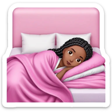 A dark-skinned Black woman with black box braids, lying on her side in bed, wrapped in a blanket, resting on a pink pillow sticker