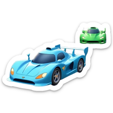 A busy coastal highway with cute fast-moving racing cars with active aero canards surrounded by green fields and distant mountains under a starry night sky sticker