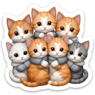 6 tiny kittens cuddling together all various different natural colours including solid grey with white mittens, grey and white, ginger and white, calico, and brown and white sticker