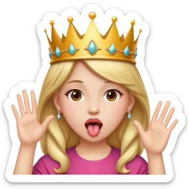 A girl with a tongue out, and her hands are in and out position up by her face and she has a crown on sticker