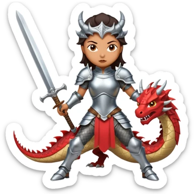Fierce Latina in armor with a sword in a losing battle with a dragon sticker