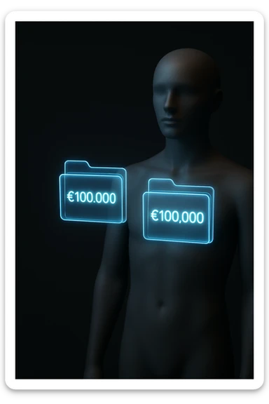 Two glowing transparent digital portfolios (futuristic floating folders) hovering in front of a mannequin. Each labeled with €100,000. Minimal dark background with left side empty for text overlay. sticker