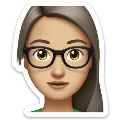 white girl, green hazel eyes, dark brown straight long hair, black round glasses, freckles sticker