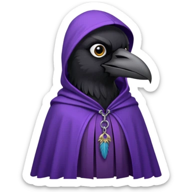 black realistic raven wearing a purple hooded cloak sticker