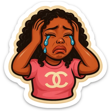  laughing with Tears rolling down face 
Mouth Pout
hands on head 
pink chanel shirt 
head down
 sticker