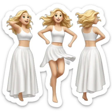 Hyperrealistic Full body Caucasian curvy beauty jumping white skirt back and front views strong wind sticker