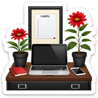 Cartel en español que diga F U E R A    D E    O F I C I N A y detrás un escritorio moderno, con una notebook, una agenda y una planta con una flor sticker