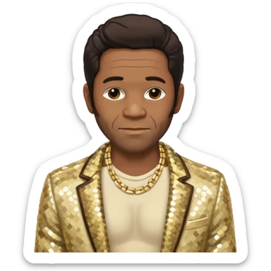 Al Green with dark brown hair, cream sequin jacket, shirtless with necklace sticker