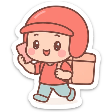food delivery man in red, wearing red helmet, on the phone calling his customer, kawaii chibi anime style, flat pastel colors, thick outlines, simple cute features sticker