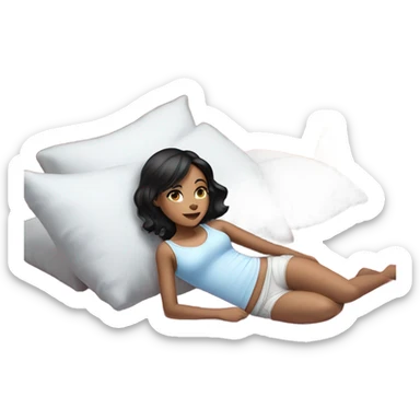 a black-haired girl with blue eyes and fair skin, lying on the bed in a white top but covered by a plaid, the straps are visible, the plaid is pink sticker