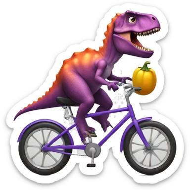 dinosaur riding a bike and eating an eggplant sticker