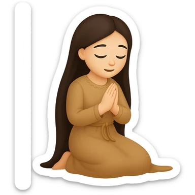 Change the dress color to tan, keep the woman kneeling and praying, long dark brown hair, emoji style, no background. The style should resemble emoji style with simple and clear features. sticker