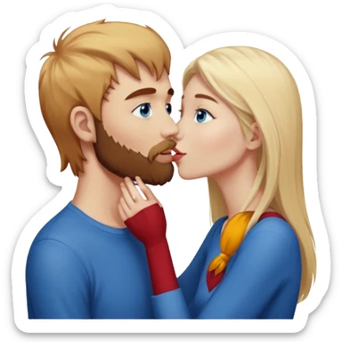Skinny, sexy, long-pale blonde-har, straight,  blue eyes woman, kissing, reddish-brownish haired, scruffy beard, white guy sticker