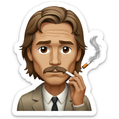 Create a stylized emoji of Rust Cohle (Matthew McConaughey) from True Detective smoking a cigarette nervously. The design should be simple, cartoonish, and recognizable as a reaction emoji—similar to the '😮💨' emoji but with his tense, exhausted expression. Use a limited color palette, bold outlines, and exaggerated facial features (sunken eyes, unkempt hair, smoke swirling around him) to capture the mood of the meme. The background should be transparent for versatile use sticker