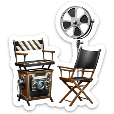 Icon for Acting: a theatrical mask, stage lights, a director’s chair, a script and a vintage movie camera, representing the craft of acting in theater. The design should reflect creativity, performance, and storytelling on stage. Transparent background. sticker