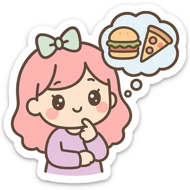 kawaii chibi anime style woman character, flat pastel colors, thick outlines, simple cute features, transparent background, thinking about choosing between a hamburger and a pizza, with a thought bubble showing both foods sticker