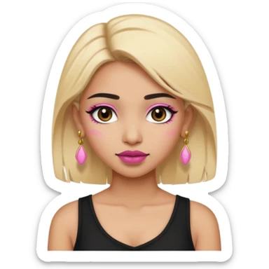 Sweet Indian girl blond hair black eyes brown/pink lipstick pink blush black top gold earrings brown eyebrows  sticker